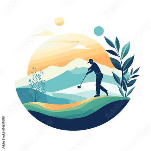 Golfer swinging club on green landscape with mountains and sunset  