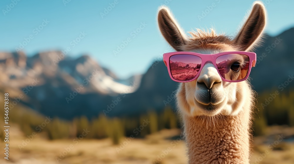 Fototapeta premium A playful and charismatic llama wearing bright pink sunglasses stands against a picturesque mountain backdrop, blending humor and nature in a delightful manner.