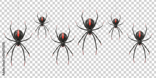 Vector realistic isolated black widow spider border for Halloween on the transparent background.