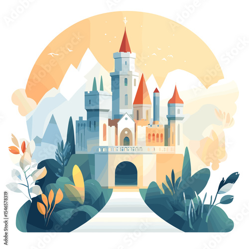 Colorful fantasy castle surrounded by mountains and trees in nature  