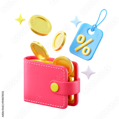 3D wallet icon with discount tag isolated on transparent background. 3d rendering Cartoon plastic style. PNG file, cut out