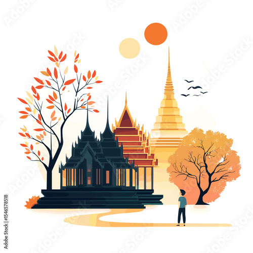 Autumn landscape with temples and a person walking on path  