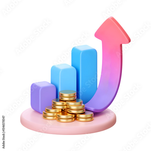 3D Profit Growth Chart icon, Bar Graph with Coins & Rising Pink Arrow isolated on transparent background. 3d rendering Cartoon plastic style. PNG file, cut out