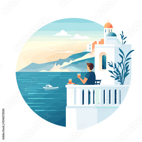 Man relaxing with drink on balcony by the sea during sunset  
