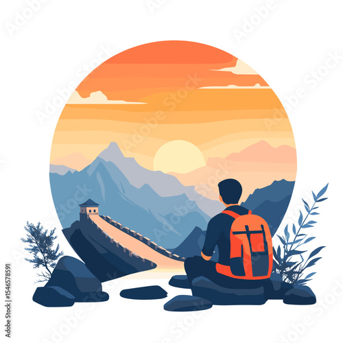 Adventurer sitting on rock enjoying sunset view of mountains  
