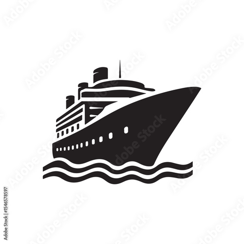 Vector illustration of a ship and boat icon on the sea with a cruise liner symbol for travel and maritime transportation