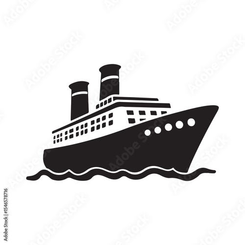 Vector illustration of a ship and boat icon on the sea with a cruise liner symbol for travel and maritime transportation