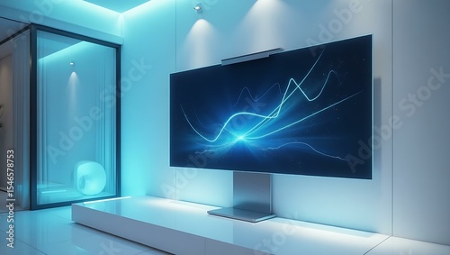 A sleek modern television displaying vibrant blue abstract graphics in a contemporary room with soft lighting.