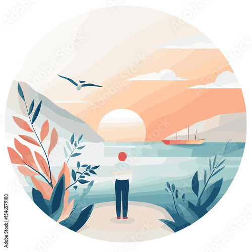 Person gazing at sunset over tranquil ocean with sailboat in distance  