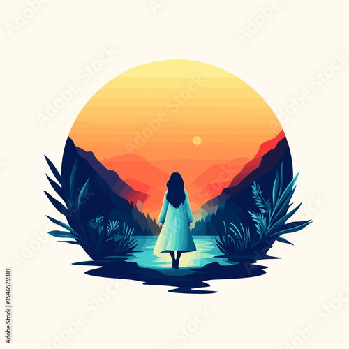 Young woman standing by lake and enjoying sunset view  