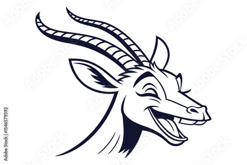 Cartoon gazelle showcases happiness with wide open mouth in a striking monochrome emblem