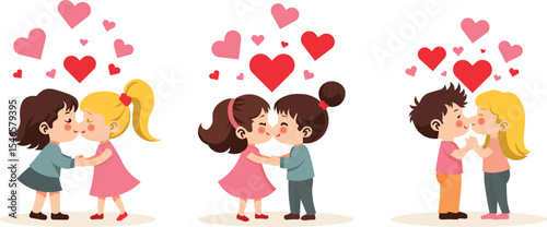 cute cartoon Kissing vector shape with hearts and sparkles around.