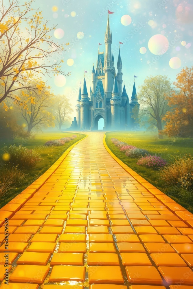 Fototapeta premium A yellow brick road leads to a castle with turrets set amid trees and flowers