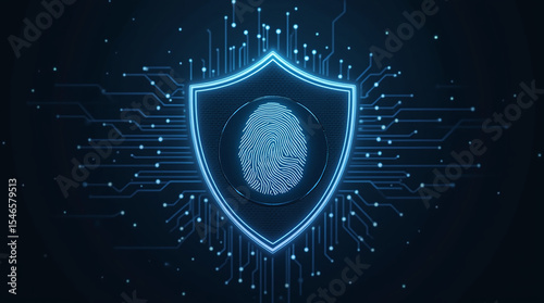 shield icon with a fingerprint in the center, biometric security system interface, glowing circuits, cyber protection, dark theme, privacy technology