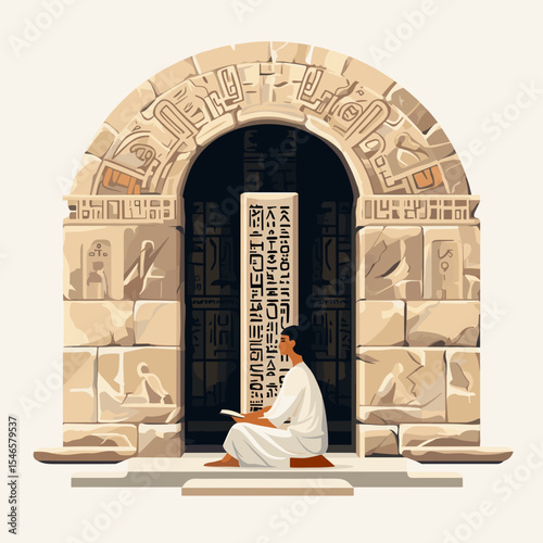 Man reading ancient texts in a stone temple with hieroglyphics  