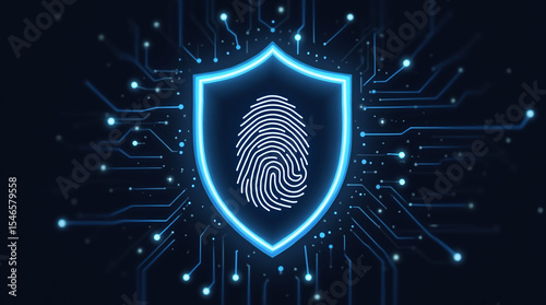 shield icon with a fingerprint in the center, biometric security system interface, glowing circuits, cyber protection, dark theme, privacy technology