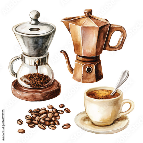 Watercolor coffee still life with moka pot and coffee beans on transparent background
