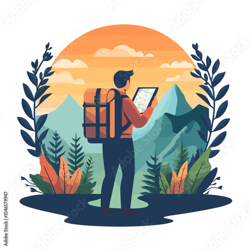 Hiker standing with map in vibrant mountain landscape during sunset  