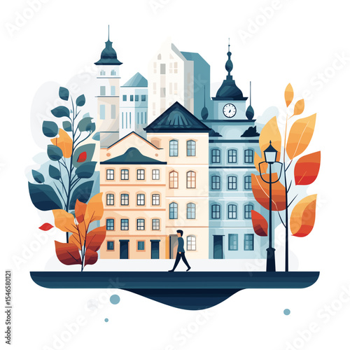 Urban landscape with colorful trees and a man walking on street  