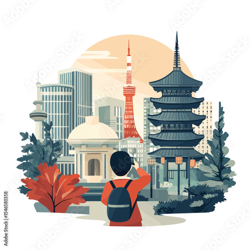 Young traveler admiring Tokyo skyline with modern and traditional buildings  