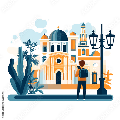 Man taking photo of historic building with lamp post and plants  