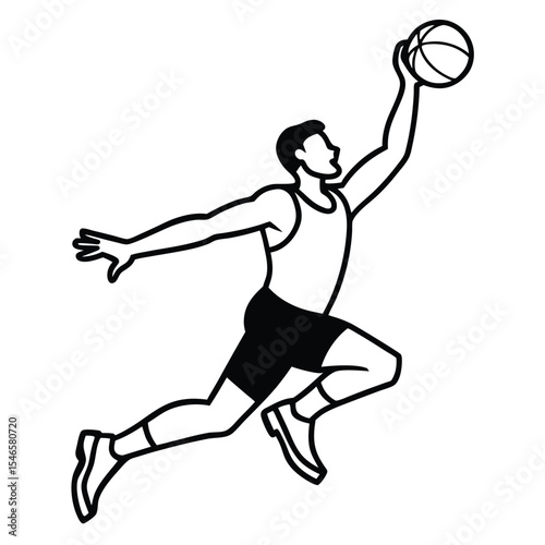 High Jump Slam Dunk by Basketball Player Line Art Vector