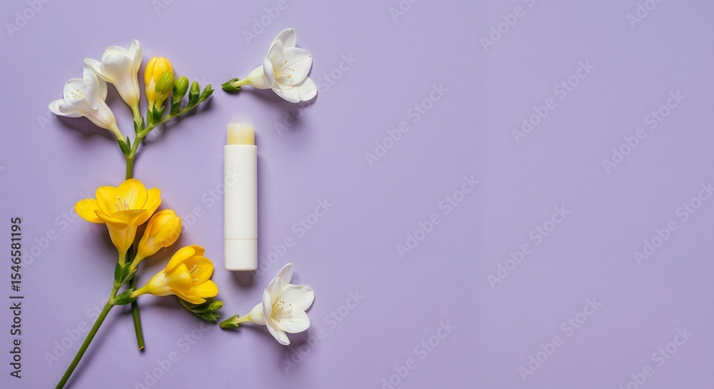 Fototapeta premium Lip balm tube with yellow and white flowers on purple background 