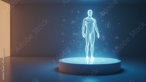 A glowing holographic figure stands on a circular platform, surrounded by floating icons representing health and technology.