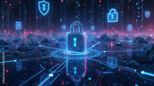 surreal digital landscape with floating padlock, shields and data streams, abstract cybersecurity, vaporwave lighting, high contrast