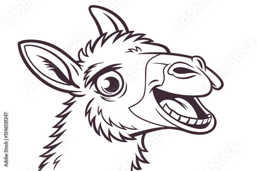 Cartoon outline of a cheerful camel laughs with a wide open mouth showing teeth