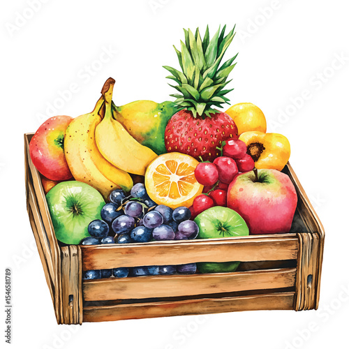 Watercolor fruit crate full of fresh colorful fruits on transparent background