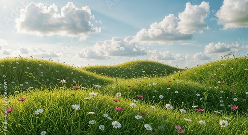 Green grassy hills with flowers under cloudy sky