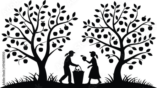 Silhouettes of people picking apples in orchard for autumn harvest scene design