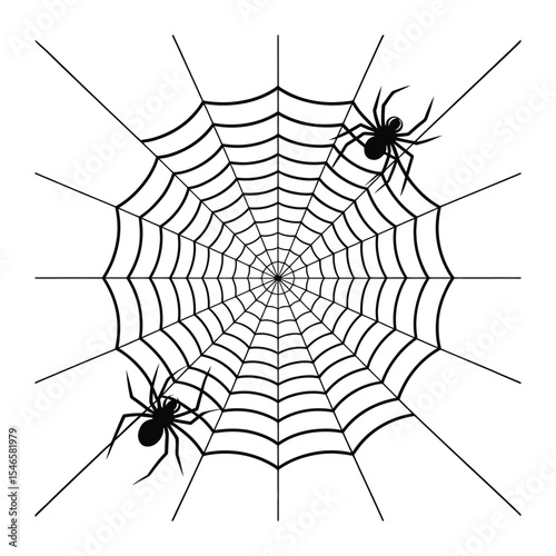 Black Spiders on a Circular Spiderweb Illustration
