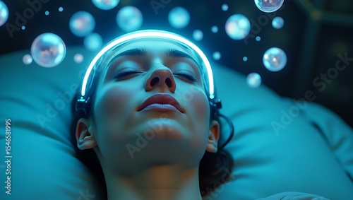 A young Caucasian woman relaxes with a glowing headset, surrounded by glowing bubbles, creating a serene and futuristic atmosphere.
