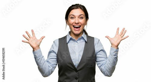 Excited businesswoman celebrates success with open arms and beaming smile on white background