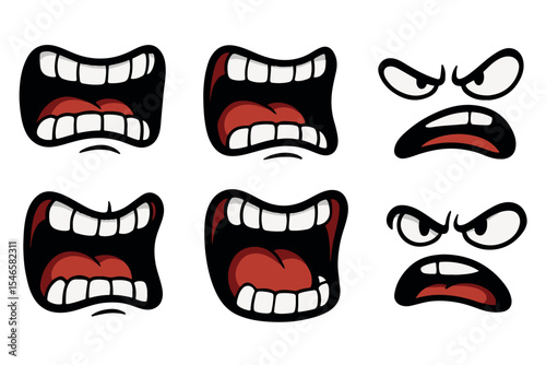 Illustration of cartoon angry mouths with exaggerated facial expressions, ideal for visual storytelling, character animation, and comic style design