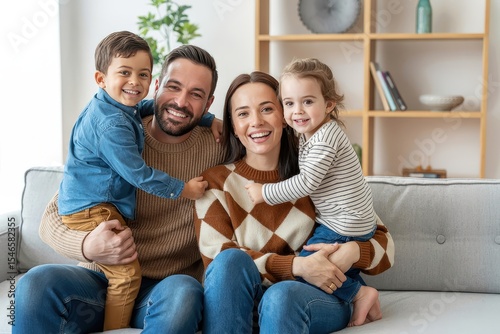 Happy family with two young children smiles for a portrait on their sofa