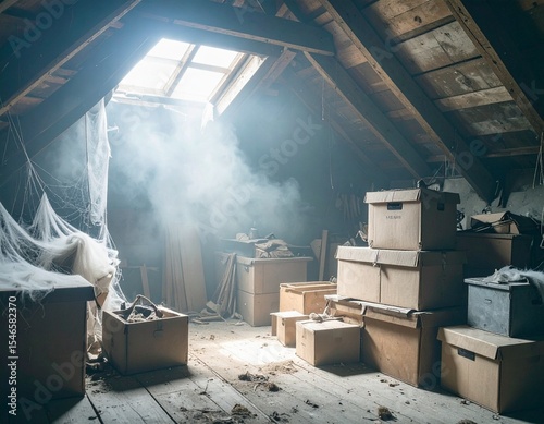 Dusty attic filled with forgotten boxes, cobwebs in corners