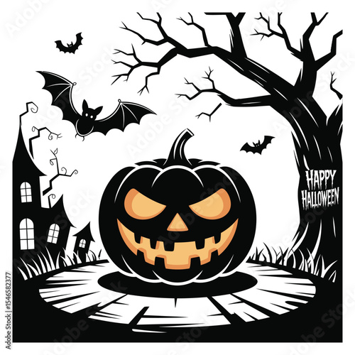 Halloween Jackolantern Bats Haunted House Black Silhouette