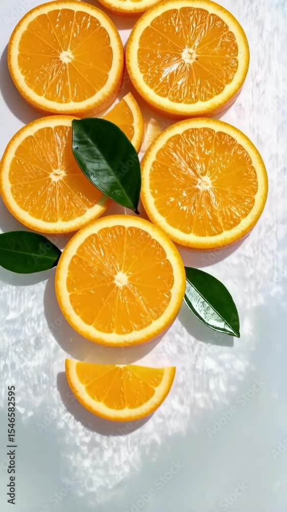Overhead shot of juicy orange fruit halves and slices with fresh green leaves on a textured surface, flat lay arrangement