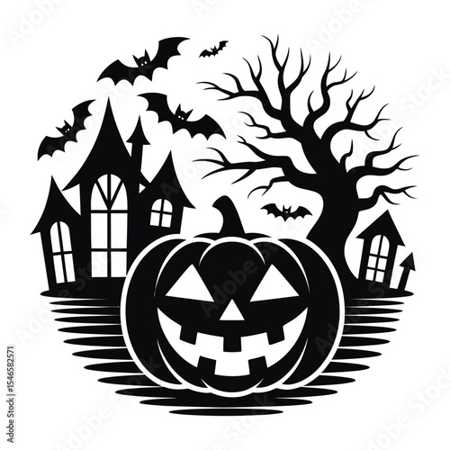 Halloween Jackolantern Bats Haunted House Tree Silhouette