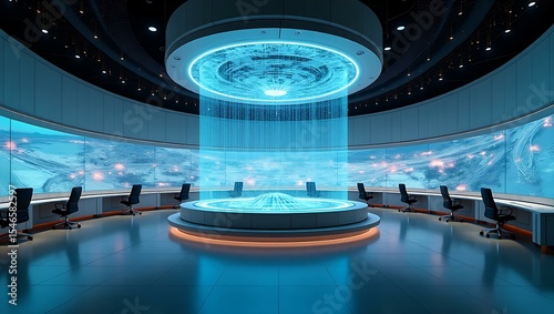 Futuristic conference room with a sleek design, illuminated by blue light and a holographic display, creating a high-tech ambiance.