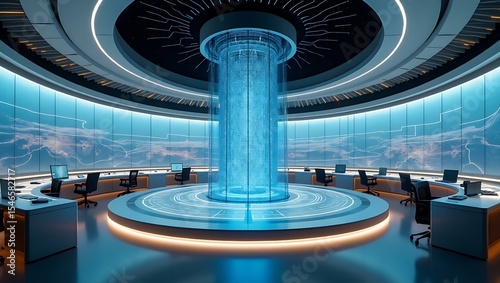 Futuristic control room featuring a holographic display and modern workstations, designed for high-tech operations.