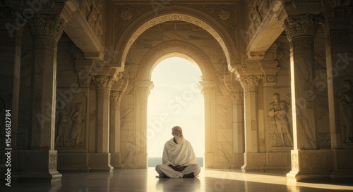 Serene Meditation: Bearded Man in White Robes in Grand Marble Temple