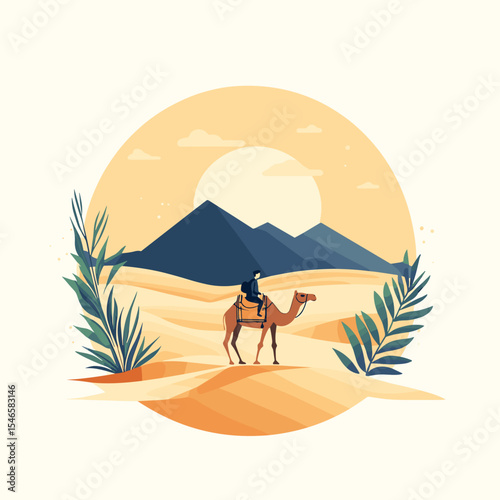 Person riding camel in desert illustration with mountains and sun