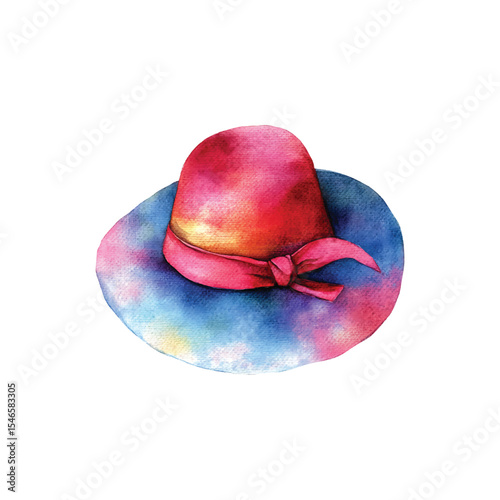 Watercolor painting of a vibrant red hat with blue brim on transparent background