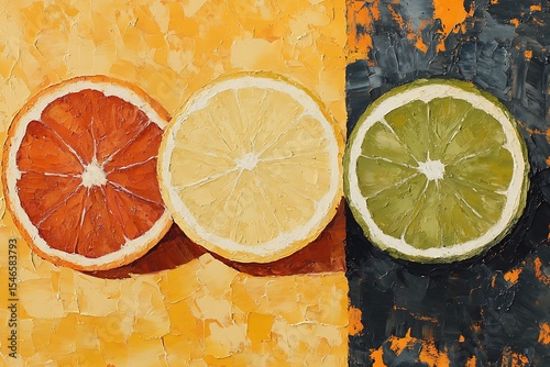 Oil Painting of Orange, Lemon, and Lime Citrus Fruit Slices with Textured Background