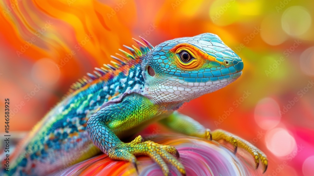 Obraz premium Vibrant multicolored lizard on colorful background.