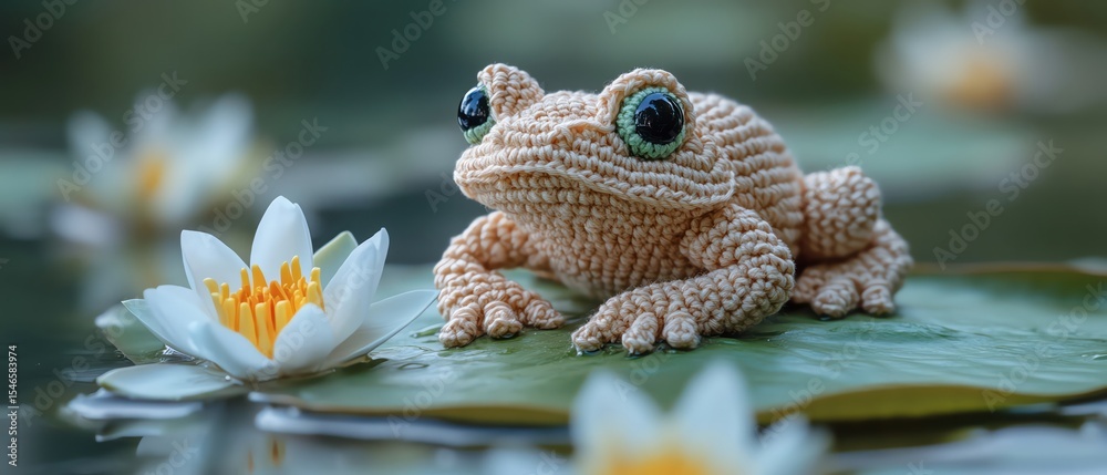 Fototapeta premium Crochet frog sitting on a lily pad
